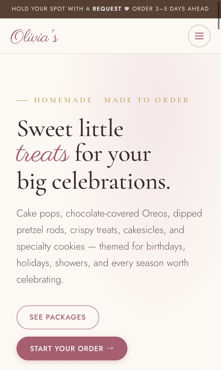 Olivia’s Treats homepage website example