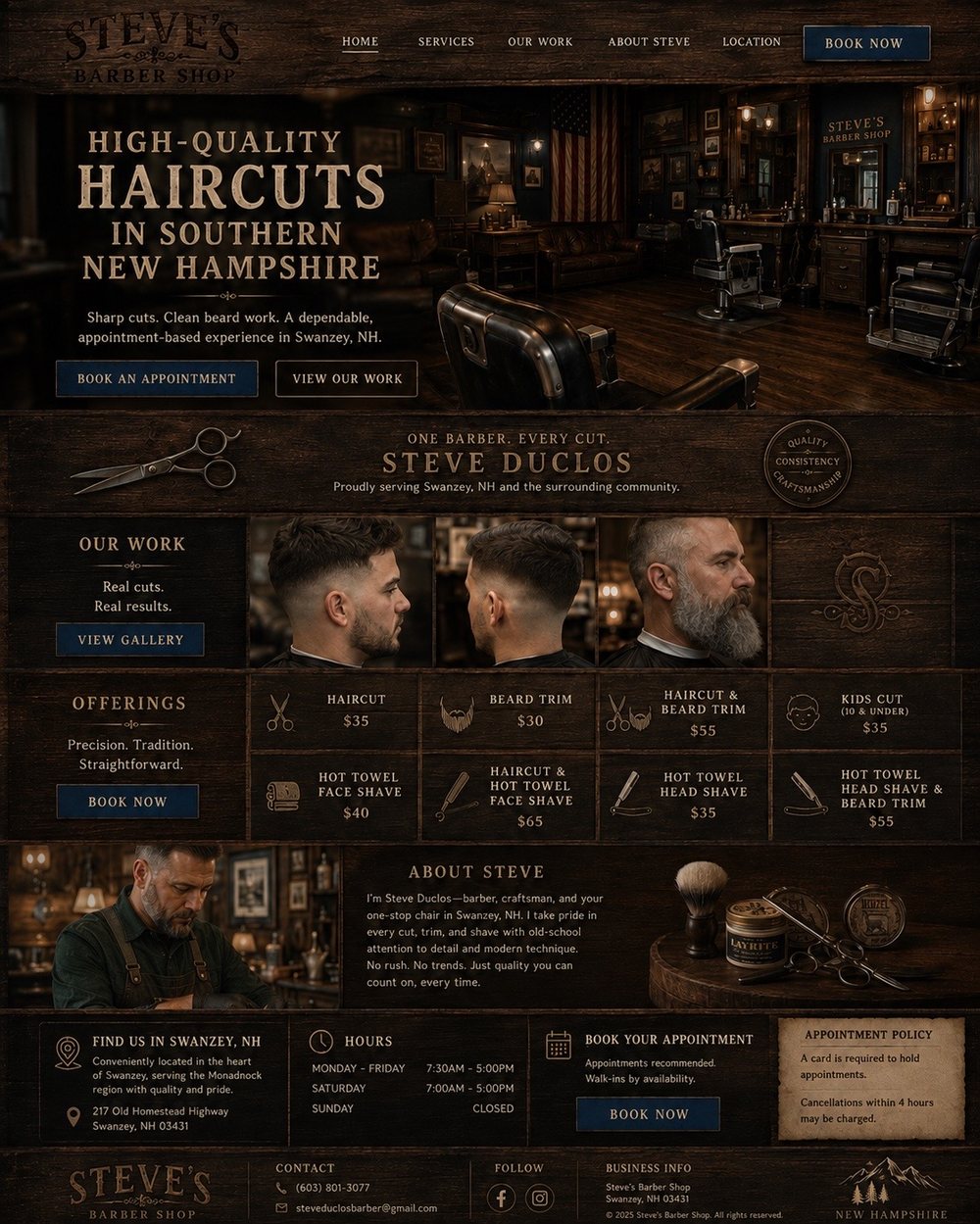 Steve's Barbershop rustic appointment-based barber website mockup